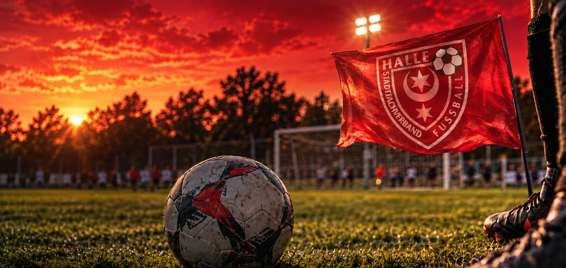 Fußballplatz im Abendrot mit roter Vereinsfahne des SFV Halle